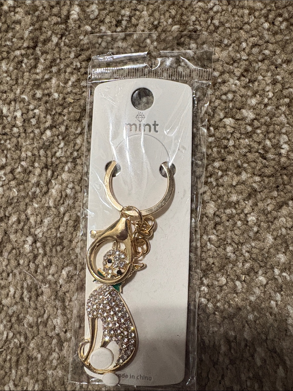 Mint Gold Cat Key & Card Holder Charm with Crystals